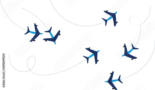 Vector art of a formation of blue and dark blue airplanes flying in a clear sky