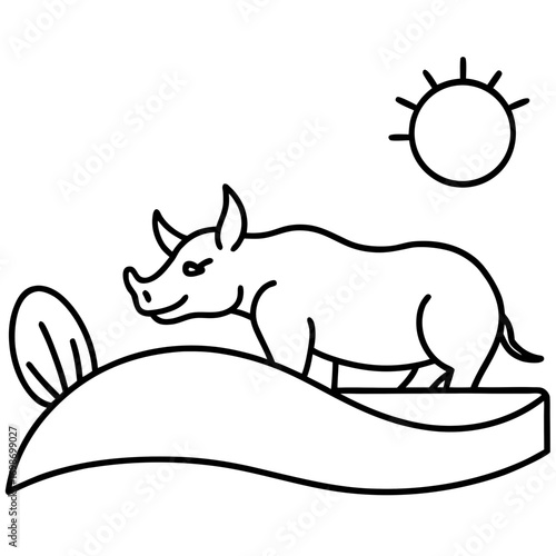 Stylized rhino illustration prancing under the sun, an adorable animal outline for children's books and educational resources, radiating nature's beauty and wildlife charm