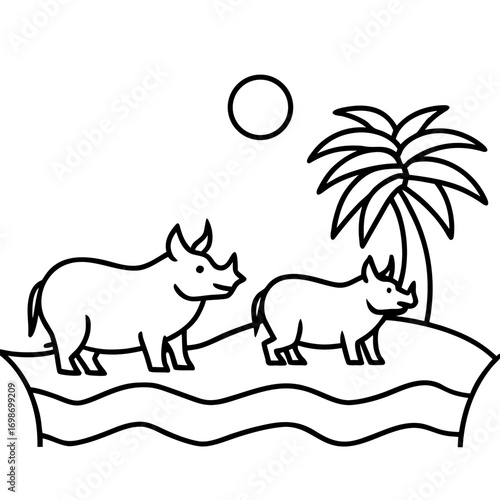 Whimsical rhino family enjoying a sunny island getaway under a palm tree, perfect for children's books, educational materials, or playful designs, originally created as vector art