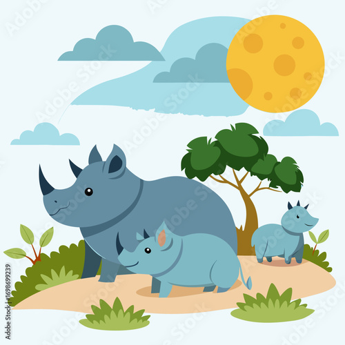 Charming rhino family illustration perfect for children's books and educational resources, featuring cute cartoon rhinos in a stylized landscape with a bright sun