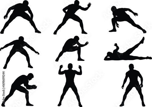 Silhouettes of athletic men stretching, exercising, warm-up poses, fitness training, workout routine, body movement, muscle flexibility, sports preparation.