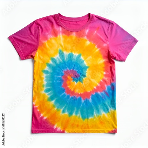 Vibrant tie-dye t-shirt with a spiral design in vivid colors apparel on white background