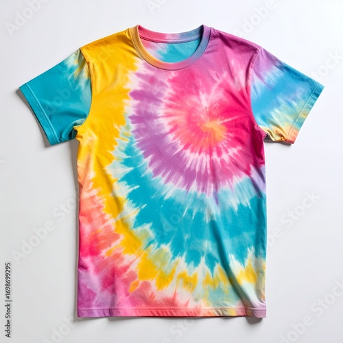 Vibrant spiraling colorful design on t-shirt top view apparel presented on white background