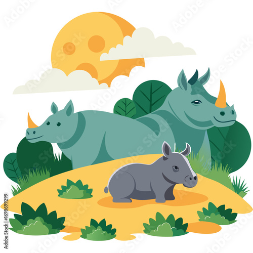 Whimsical Rhinos under a Sunny Sky, A Charming Illustration for Children's Books and Educational Resources, Promoting Wildlife Awareness and Conservation, Originally a Scalable Graphic