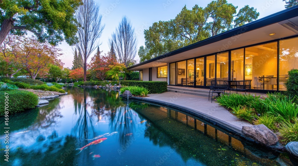 Fototapeta premium Tranquil garden scene with koi pond, modern architecture, and lush greenery at dusk
