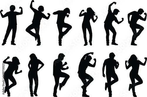Silhouettes of dancing people, male and female figures, dynamic poses, movement, joy, celebration, party, dance, energy, rhythm, freedom, fun
