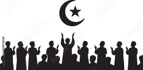 Silhouette of a crowd of people praying with a crescent moon and star symbol above Keywords: Muslim, prayer, crowd, silhouette, Islamic, faith, religion, worship, devotion, unity, community