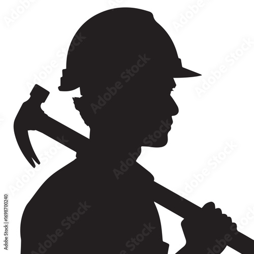 Silhouette of a Construction Worker with Hammer on White Background Keywords: construction, worker, builder, manual labor, trade, profession, hammer, tool, equipment, hard hat, helmet, carrying