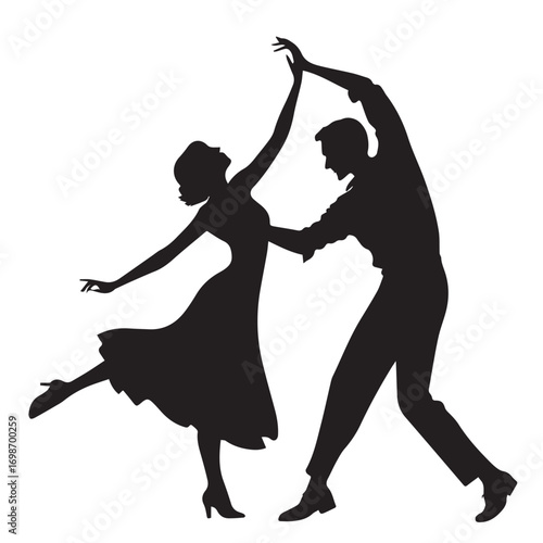 Silhouette of a Couple Dancing the Tango on a White Background Keywords: dancing, couple, tango, dance, silhouette, ballroom, romantic, movement, elegance, performance, music, rhythm, partner, man