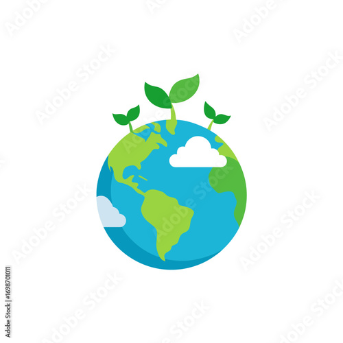 Green earth with sprouting plants and clouds