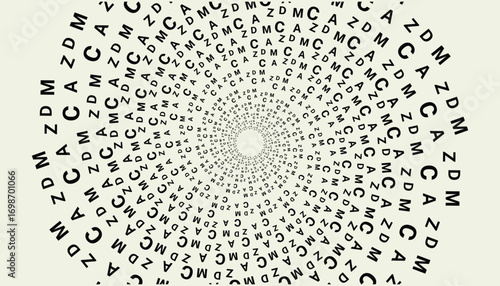 Abstract typographic spiral pattern made of random letters forming a hypnotic circular design. use for backgrounds, posters.