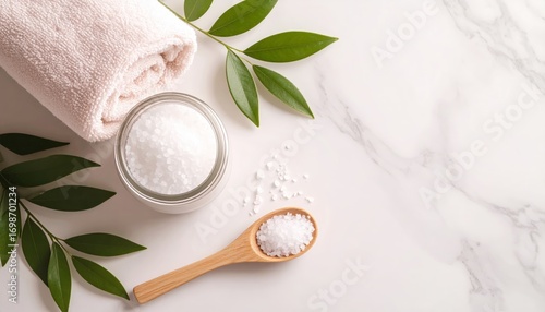 Glass Jar with Bath Salts, Wooden Spoon and Towel