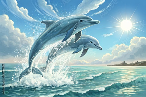 Pair of dolphins jumping out of water in sync, sun shining, feeling of joy and play