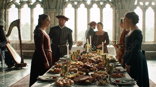 Medieval feast hall, Renaissance attire, harp music, banquet