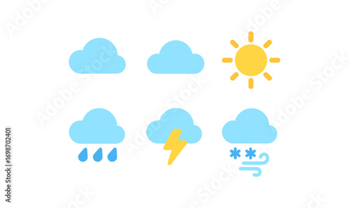 Weather icons set featuring sun, clouds, rain, lightning, and snowflakes for app design and weather forecasting