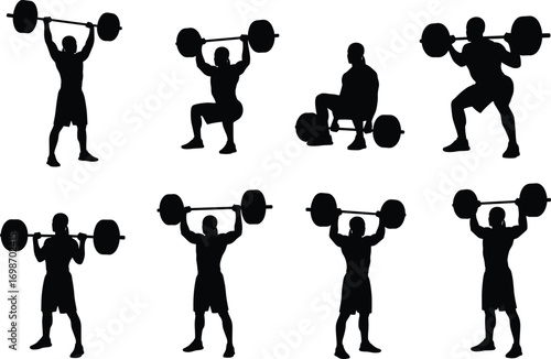 Silhouettes of men lifting heavy barbells, weightlifting poses, fitness training, strength exercise, bodybuilding, gym workout, health, power, muscle building