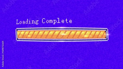 4K Retro Loading Screen Animation Fish Eye Effect with Glowing Yellow Bar Progressing from Loading to Loading Complete on Blue Isolated Background