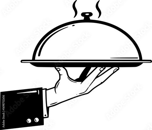 Vector human hand holding a tray isolated on white background. Restaurant or cafe icon. Waiter's hand with a tray. Serving food icon
