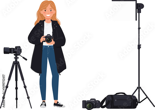 Happy young woman photographer holding a camera surrounded by professional photo studio equipment like a tripod and light stand