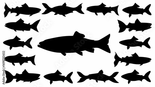 Collection of sleek salmon silhouettes showcasing aquatic life and fishing themes