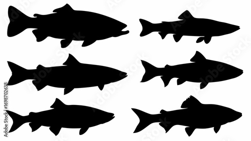 Six distinct fish silhouettes showcasing aquatic life and fishing pursuits for commercial use.