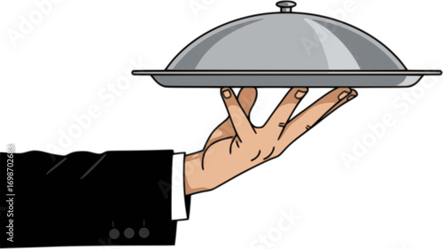 Vector human hand holding a tray isolated on white background. Restaurant or cafe icon. Waiter's hand with a tray. Serving food icon
