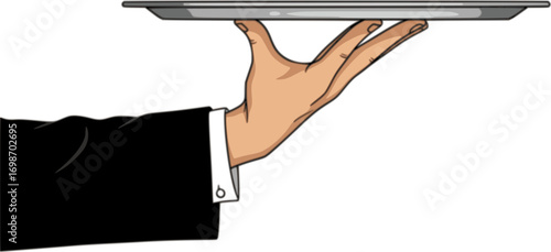 Vector human hand holding a tray isolated on white background. Restaurant or cafe icon. Waiter's hand with a tray. Serving food icon
