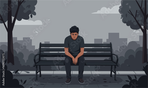 Despondent young man sits alone on a park bench, head bowed in sadness, against a muted cityscape backdrop, conveying feelings of loneliness and isolation.
