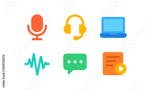 Colorful podcasting icons including microphone, headphones, laptop, soundwave, chat bubble, and note for digital media design