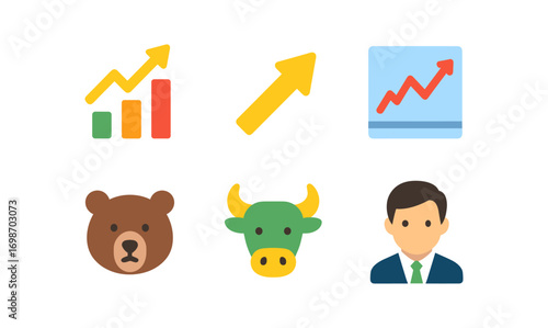 Simple stock market icons set featuring bear and bull concepts for financial design and infographics