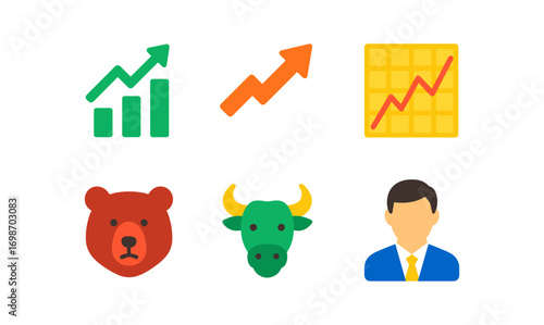 Financial market symbols set featuring bull, bear, and graph icons for business and investment design