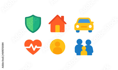 Insurance services icons featuring shield, house, car, heartbeat, profile, family for digital design