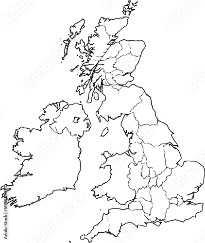 vector black contour outline map of united kingdom of great britain and northern ireland. uk black line contour map icon
