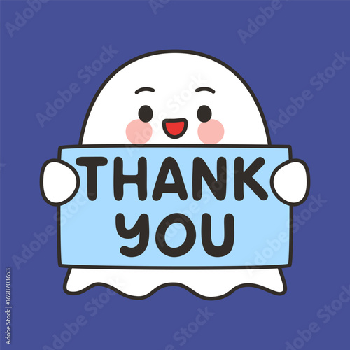 Cute Ghost Thank You Emote Vector with Gratitude Message on Blue Background
