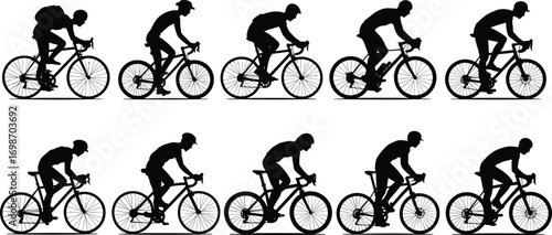 Silhouettes of Cyclists Riding Bicycles in Different Poses – Vector Illustration Showing Men on Road Bikes in Motion Side Views