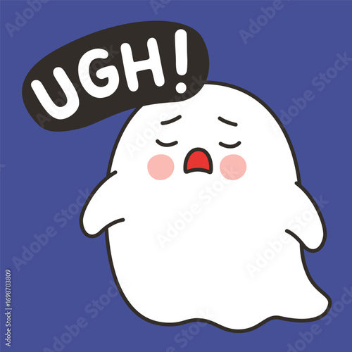 Cute Ghost Ugh Emote Vector with Tired Expression on Blue Background