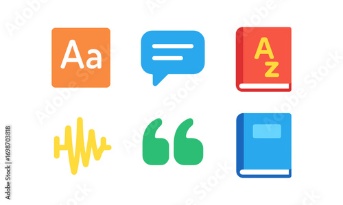 Linguistics icon set featuring books, speech bubble, sound wave, and quotation marks for educational design