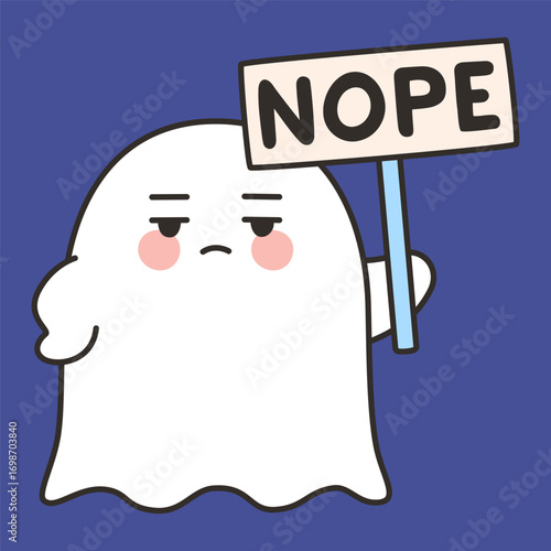 Cute Halloween Ghost Cartoon Vector Holding Nope Sign on Blue Background