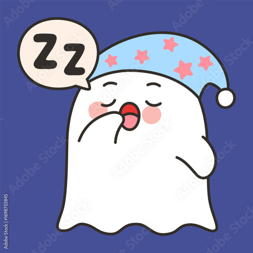 Cute Ghost Sleep Emote Vector with Pajama Hat and Snoring Zzz on Blue Background
