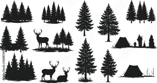 Forest trees and deer silhouette vector set, camping scene illustration, pine woodland wildlife design, outdoor nature graphic collection