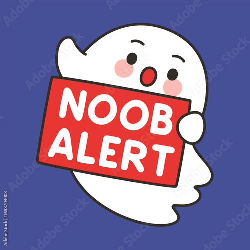 Cute Ghost Noob Alert Emote Vector with Funny Sign on Blue Background