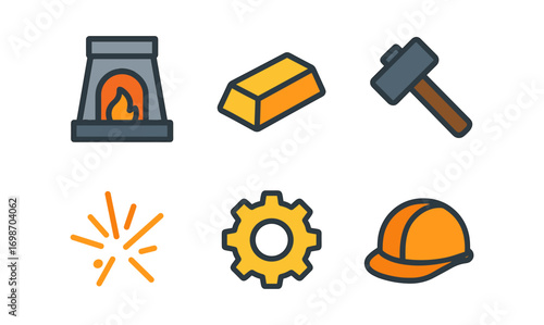 Metallurgy icon set with forge, gold bar, hammer, spark, gear, and hard hat for industrial design