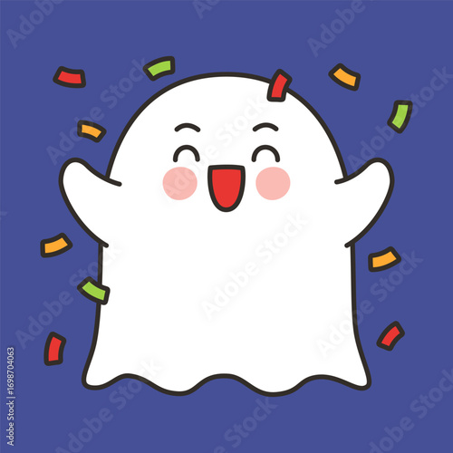 Cute Ghost Celebration Emote Vector Throwing Confetti on Blue Background