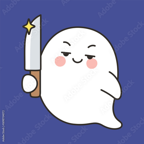 Cute Ghost Holding Knife Emote Vector with Mischievous Expression on Blue Background