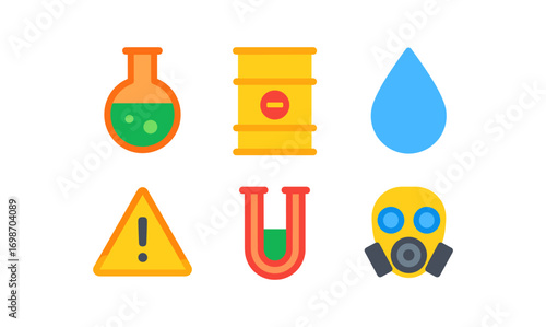 Chemical industry icons set: safety, laboratory tools, and hazard symbols for design and print