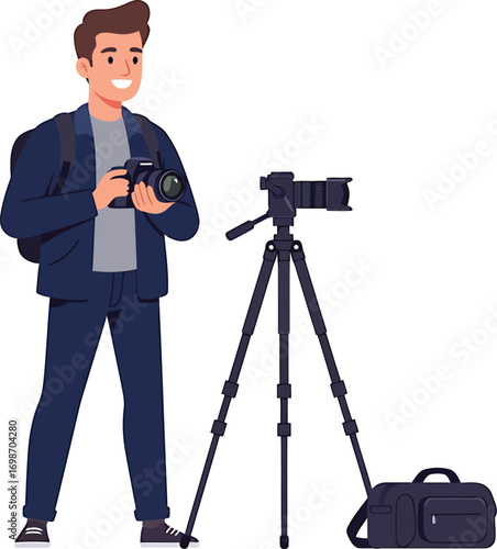 Smiling Young Male Photographer with Professional Camera Gear and Tripod Ready for Outdoor Photo Shoot Adventure