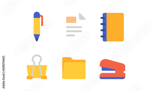 Essential office supplies icons for modern workspace design or printing