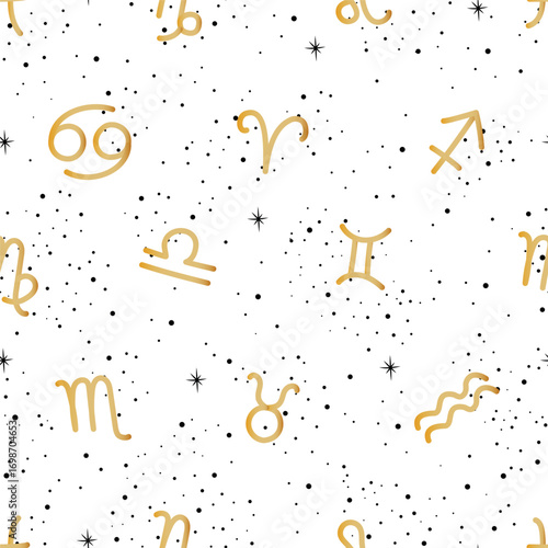 Zodiac Signs Seamless Pattern. Horoscope Abstract Background with Zodiac Signs, Stars. Astrology Print. Vector Hand Drawn Illustration in Gold, Black on White