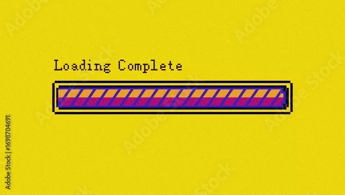 4K Retro Pixel Art Loading Bar, Colorful Progress Animation to Complete with Pink Bar on Yellow Isolated Background