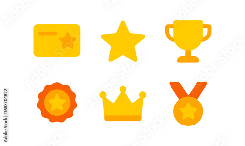 Customer loyalty icons set featuring star, trophy, crown, medal, and card for marketing design